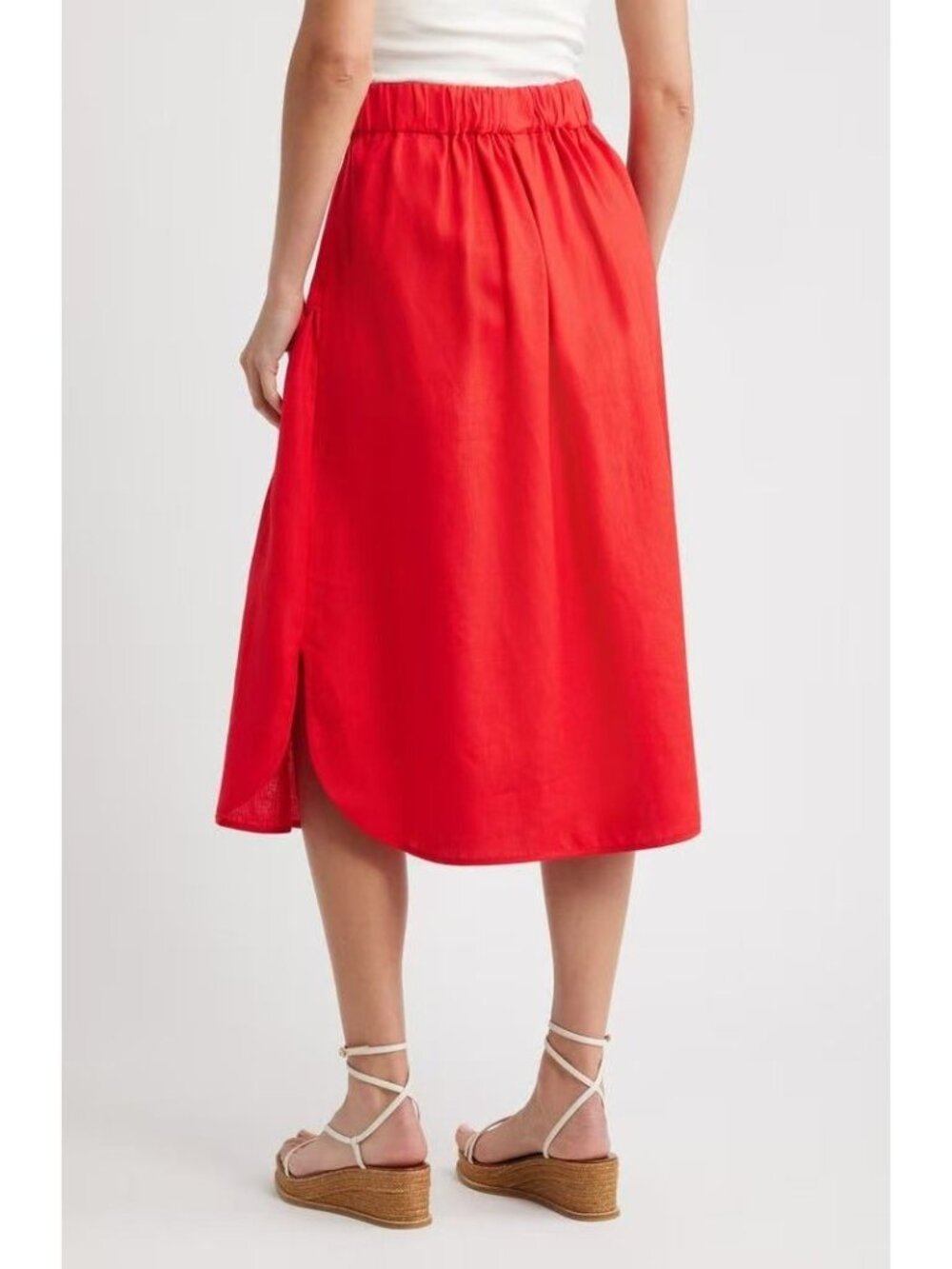 NWOT Farm Rio Red Mixed Buttons Linen Midi Skirt Elastic Waist Size S - Picture 5 of 13